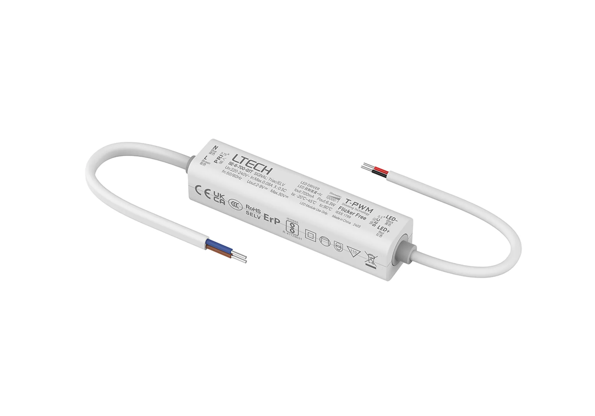 Triac/ELV, PWM,6W, C. Current Dimmable Driver, 700mA, DC:9-42Vdc, EFF>70%, IP20.